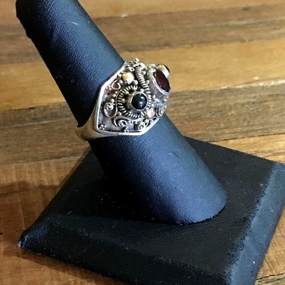 Vintage Sterling Silver Garnet Ring, Gothic Boho Ornate 925 Statement – Size 8.5 - Picture 6 of 6